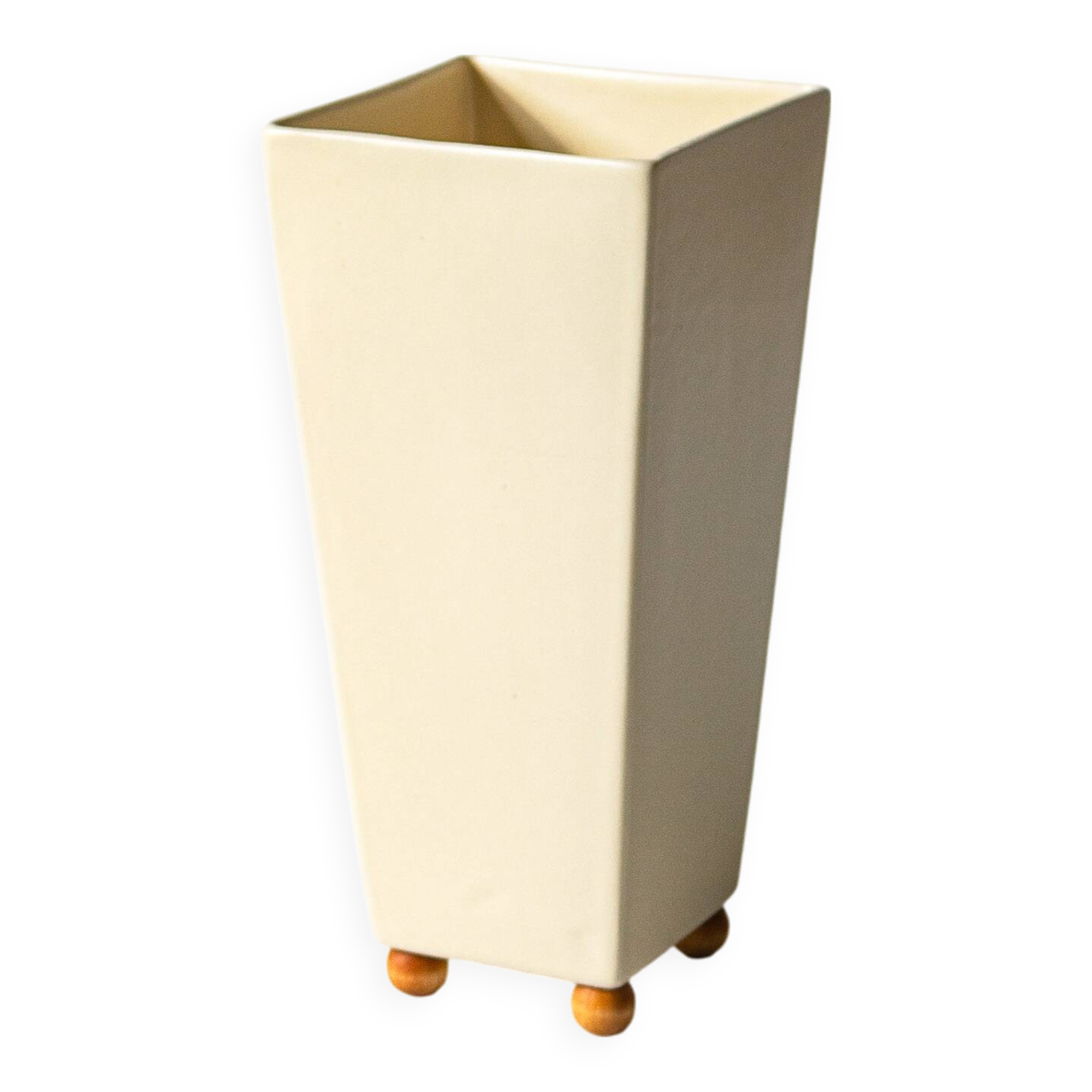 Ceramic cubic vase on wooden ball feet, Netherlands, 1990s