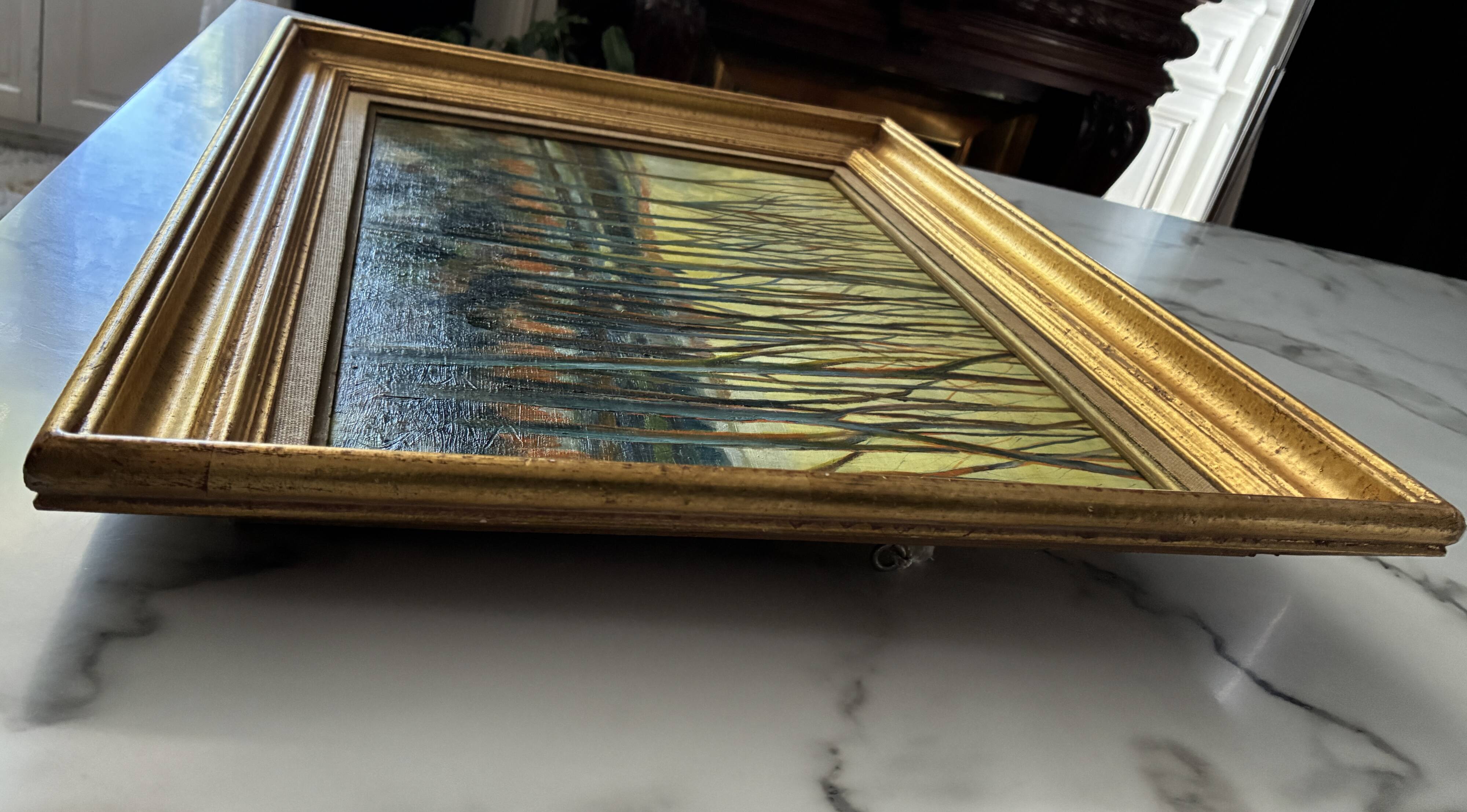 Tableau très ancien sous bois au coucher de soleil