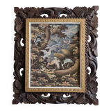 Tropical scene of Bali, painting on canvas in carved teak 33x38 cm.