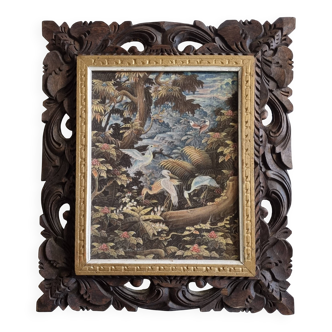 Tropical scene of Bali, painting on canvas in carved teak 33x38 cm.