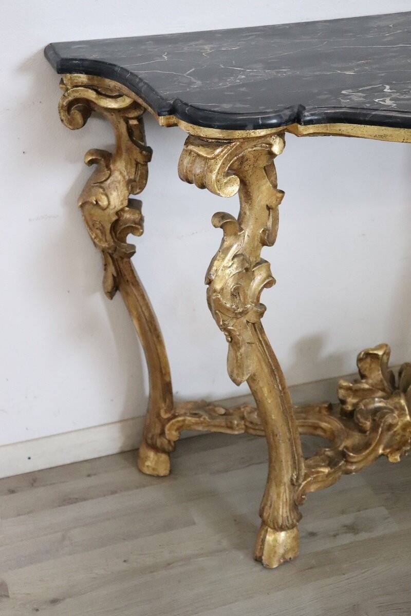 Giltwood antique console table with marble top, Italy 18th century