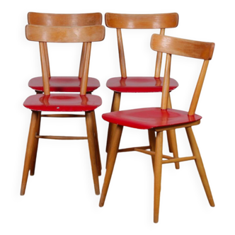 Ensemble de quatre chaises rouges éditées par Ton, 1960