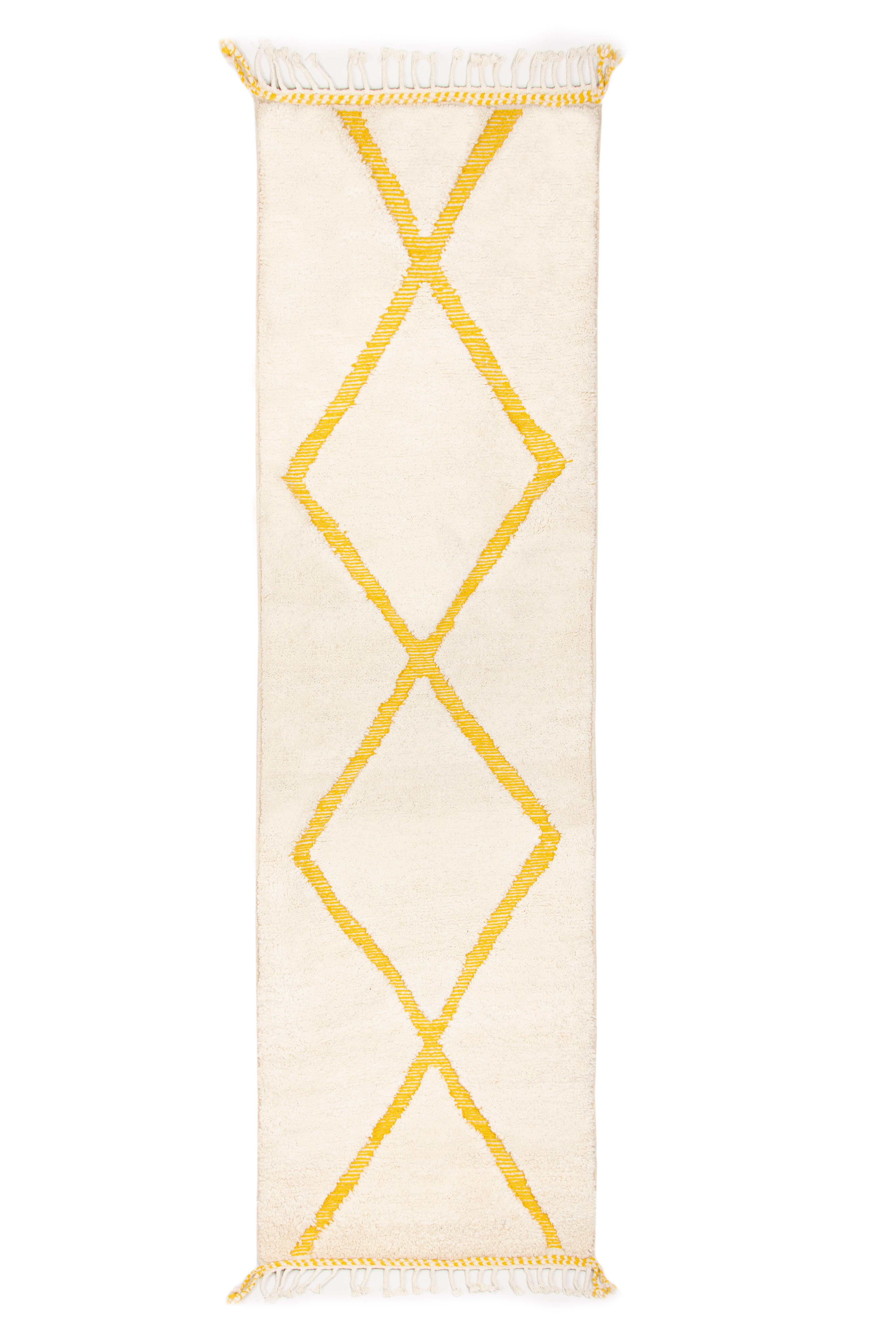 Berbere carpet beni ouarain ecru corridor with yellow diamonds in relief 294 x 88 cm