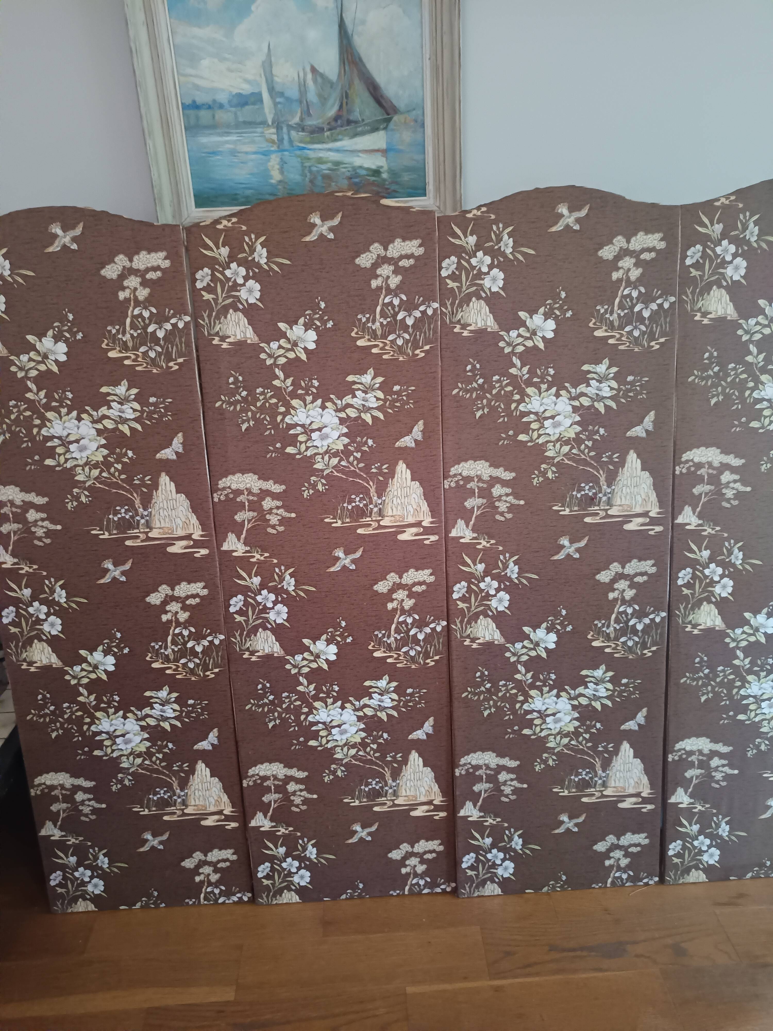 large antique headboard with 4 panels featuring Asian decor from the 1940s/50s