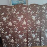 large antique headboard with 4 panels featuring Asian decor from the 1940s/50s