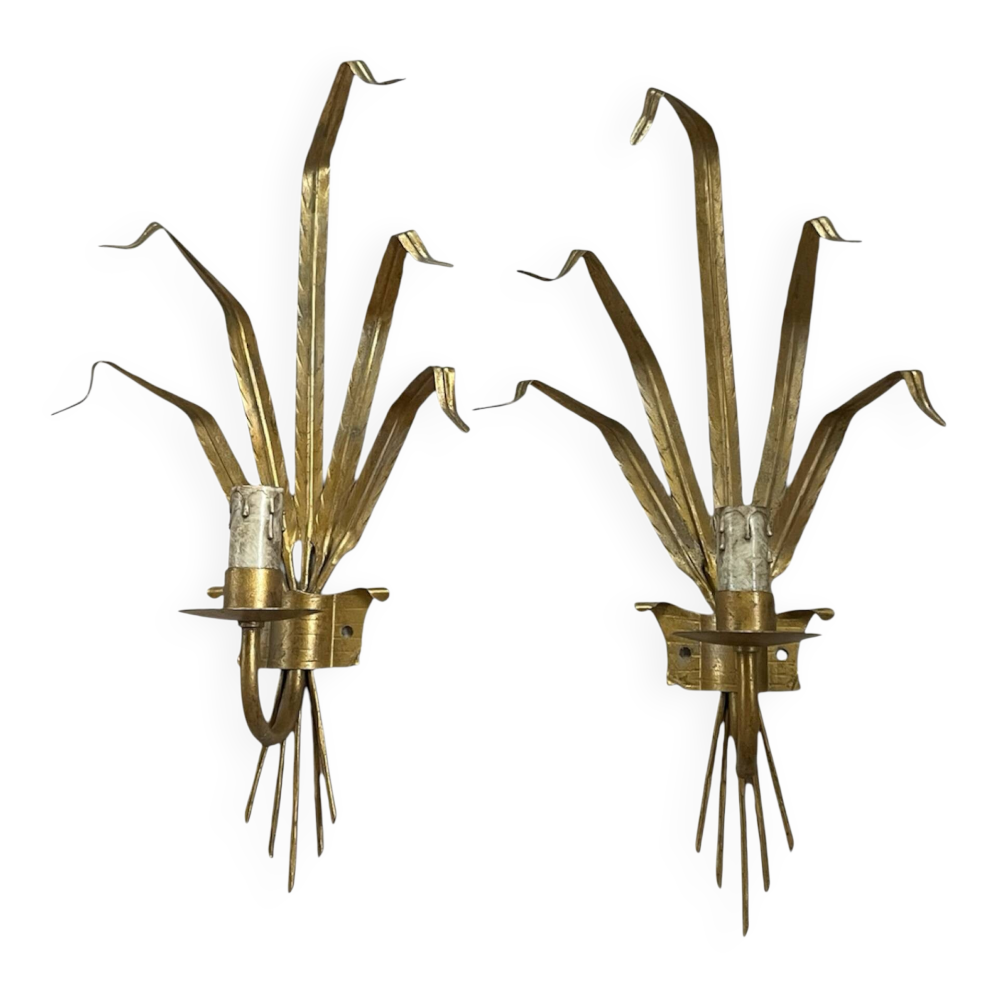 Paire d’appliques roseaux en métal doré 60’s