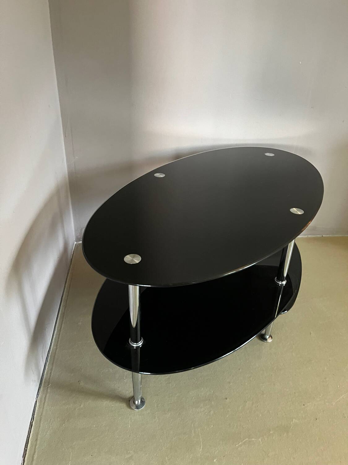 Vintage triple coffee table with smoked glass and chrome top