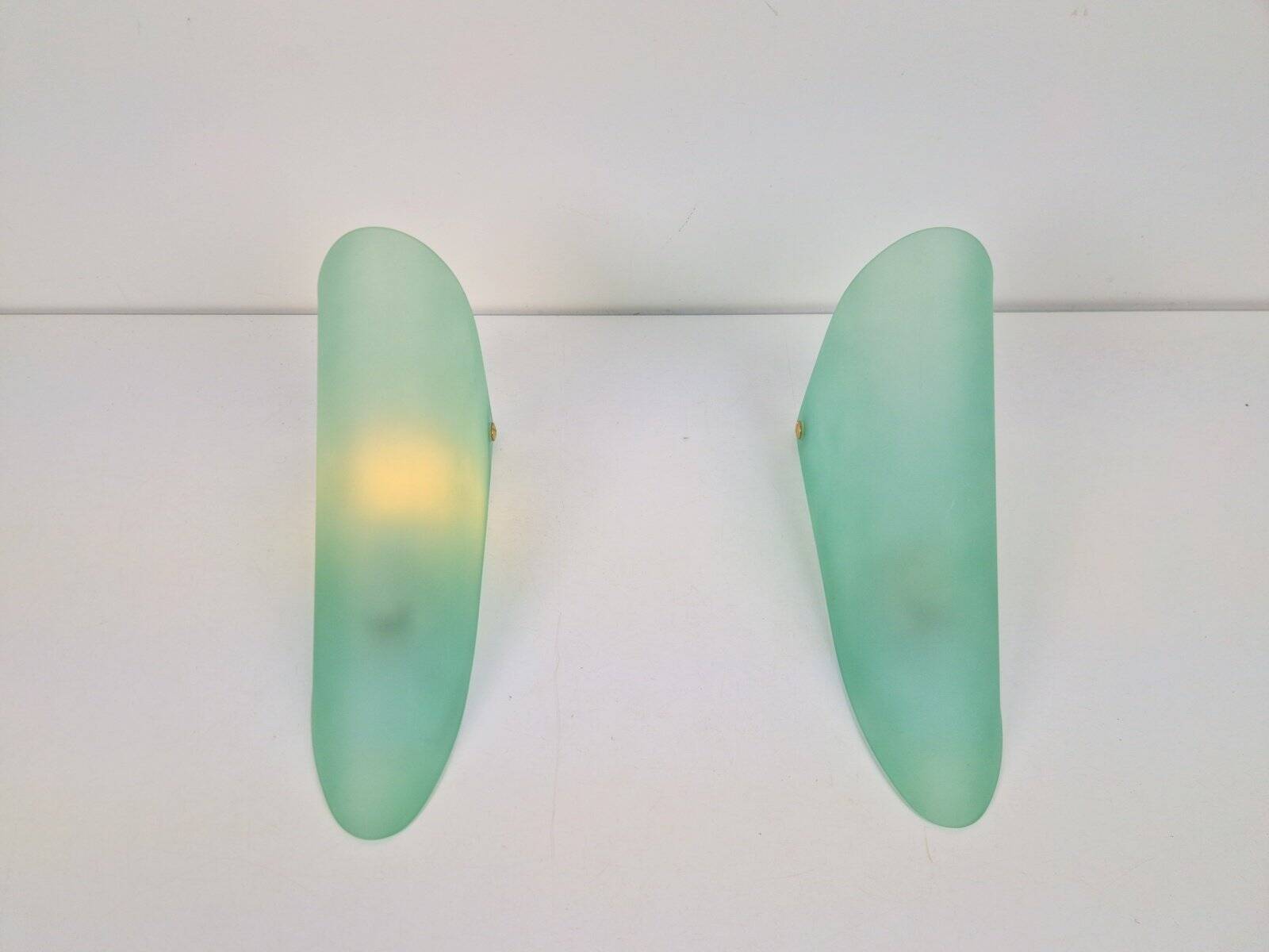 Vintage Triangular Conical Wall Sconces in Green Frosted Glass, 1990s, Set of 2
