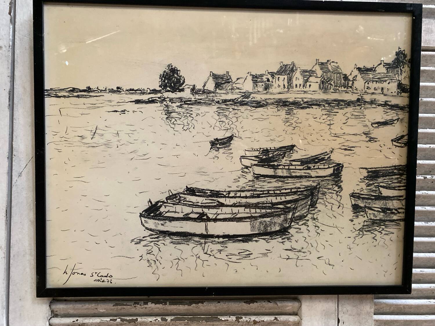 Old charcoal lithograph h. jonas st carlo august 76 + black wood frame