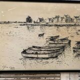 Ancienne lithographie fusain h. jonas st carlo août 76 + cadre bois noir