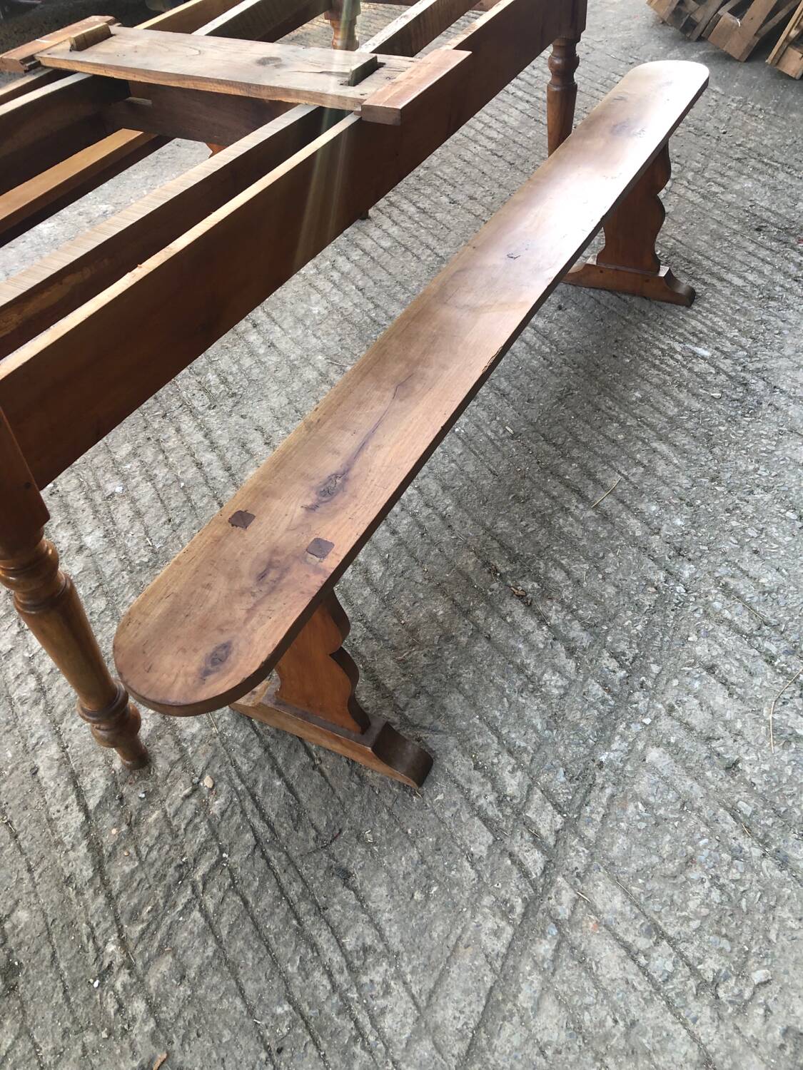 Antique farmhouse table in solid cherry wood with its 2 benches