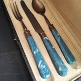 Vintage dessert cutlery set in blue bakelite