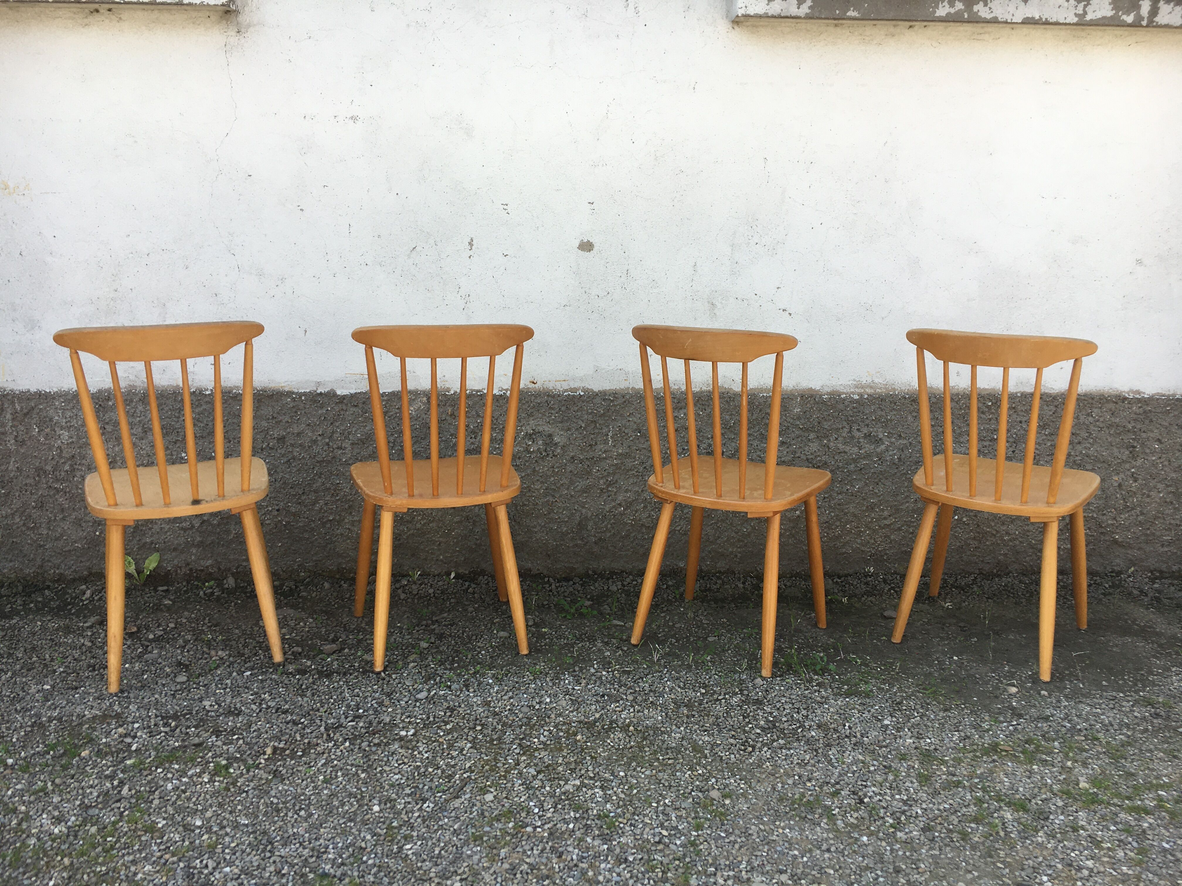 Series of 4 chairs bistro / bohemian beech - compass feet - vintage - Scandinavian 1950