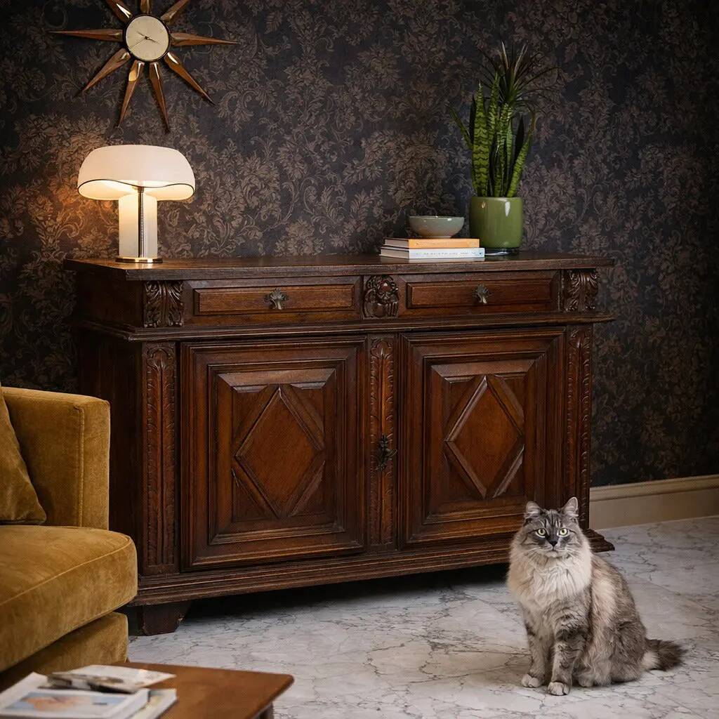 Ancient baroque walnut buffet with decorations, 18th century