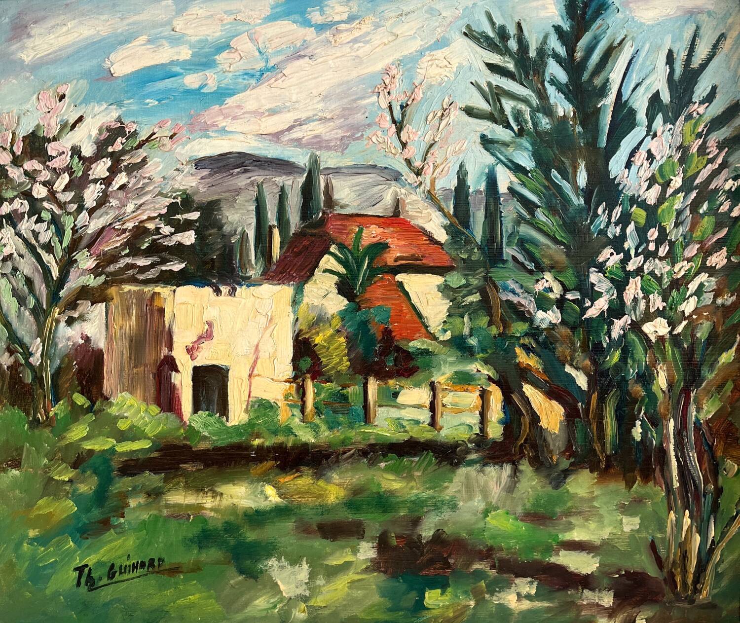 Old oil painting on panel exotic expressionist landscape signed