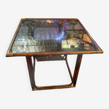 Table Carré en Bambou et verre fumée