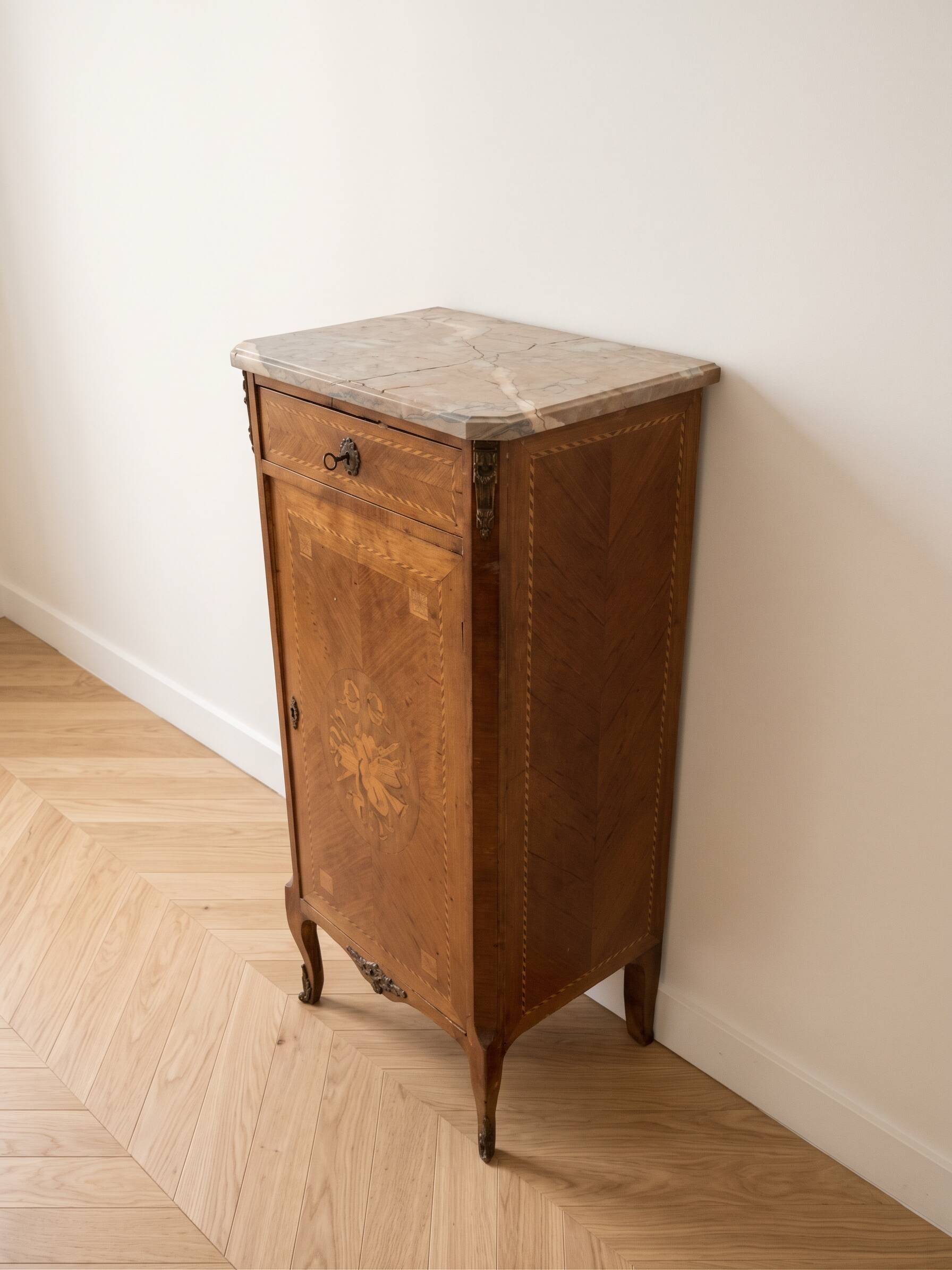 Small antique secretary in marquetry wood