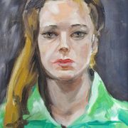 Portrait "The Woman in Green" vintage oil on canvas board framed