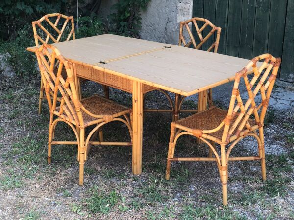 Ensemble table pliante et 4 chaises Dal Vera  en bambou et osier tressé  1970