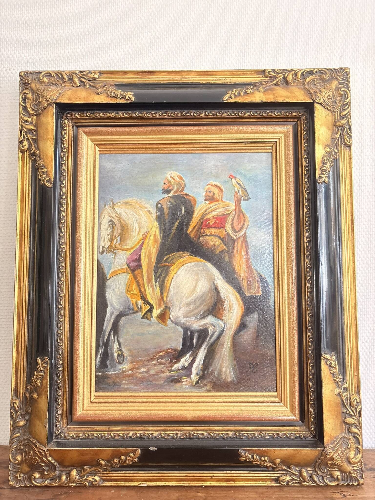 Oil Painting Canvas Orientalist Horseman Falcon Arab Hunting