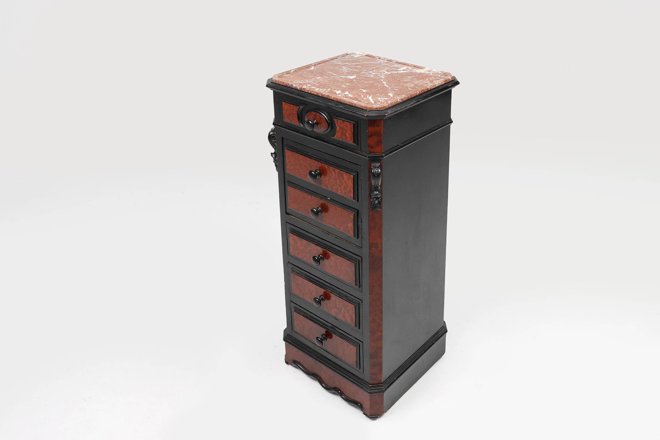 Rare Antique French chest of drawers in wood, burl veneer and marble, ca. 1