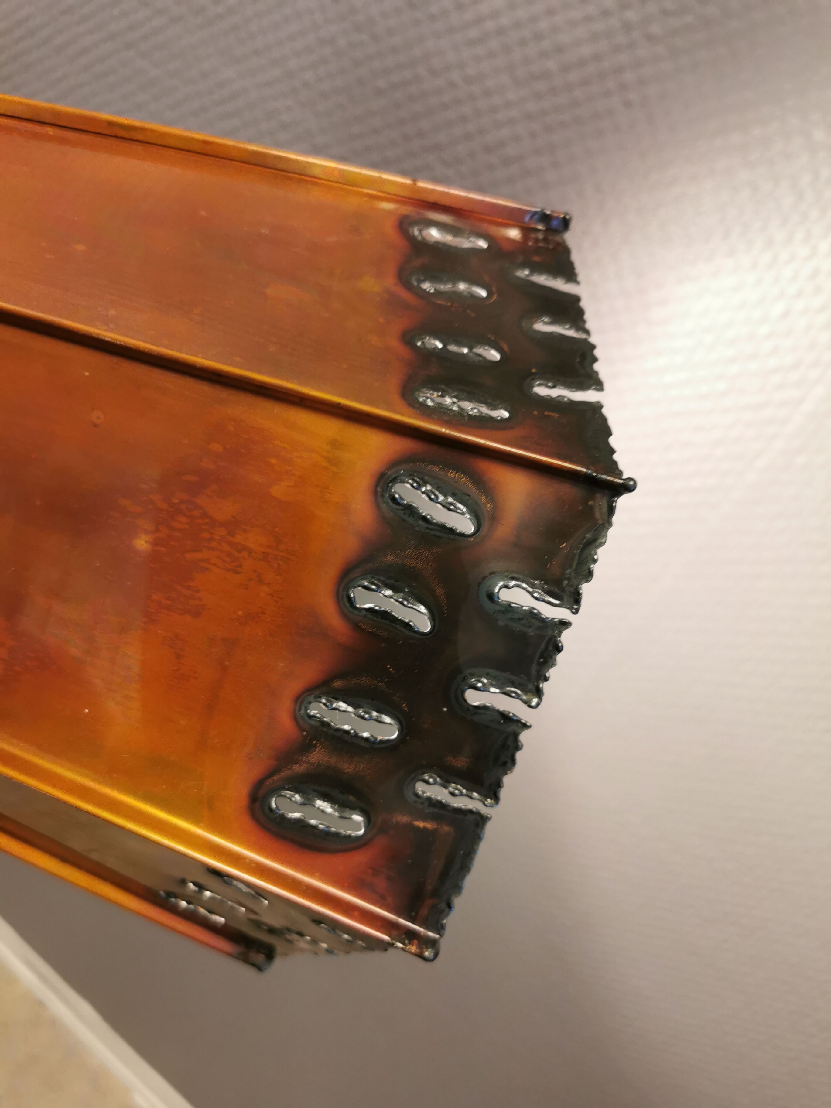 Older Danish cone-shaped hanging lamp in copper-colored lacquer with an inner contrasting shade.