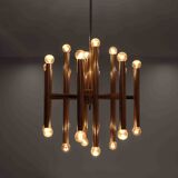Grand lustre tubulaire Sciolari en laiton, Italie années 1960