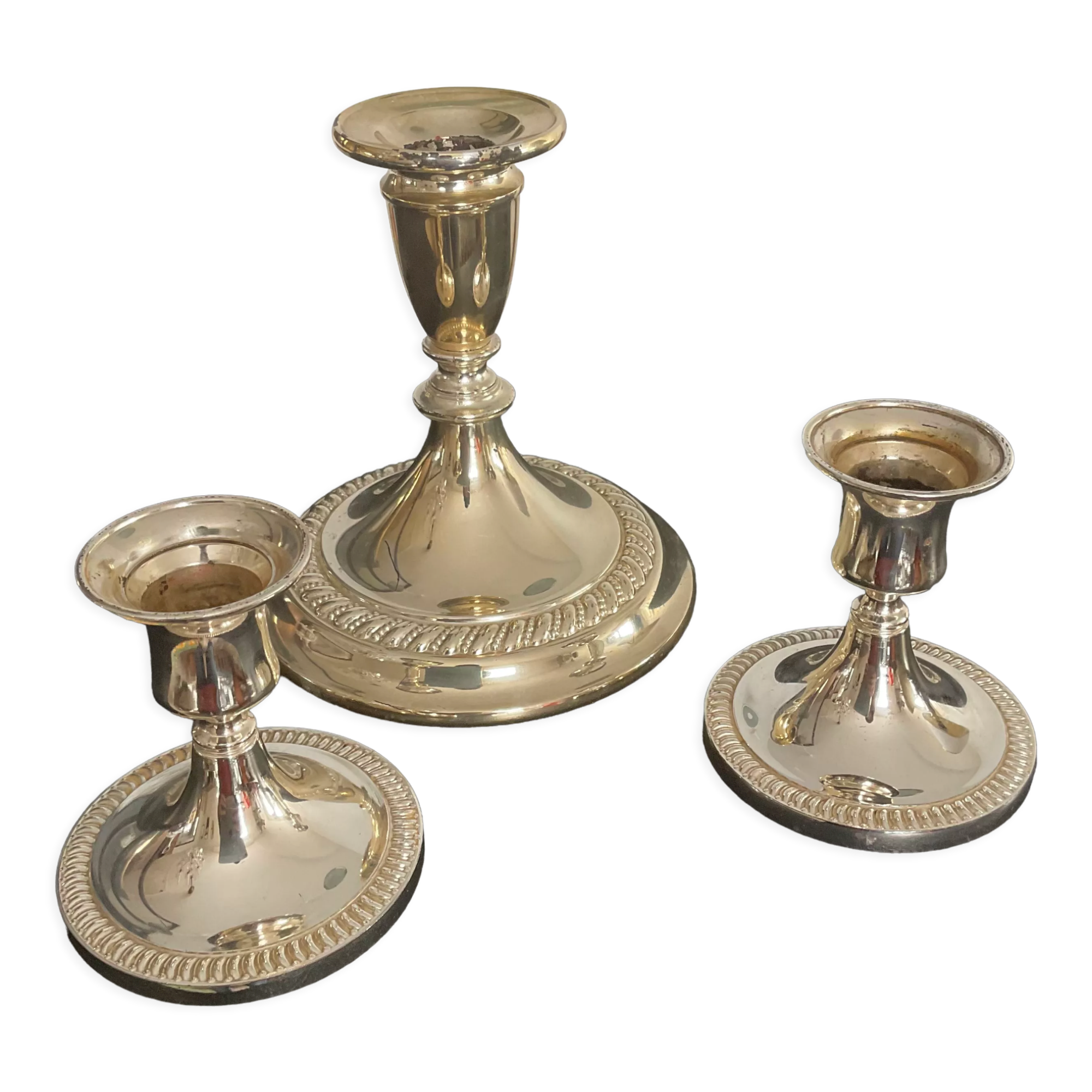 Series of 3 vintage candle holders in silver metal 70s
