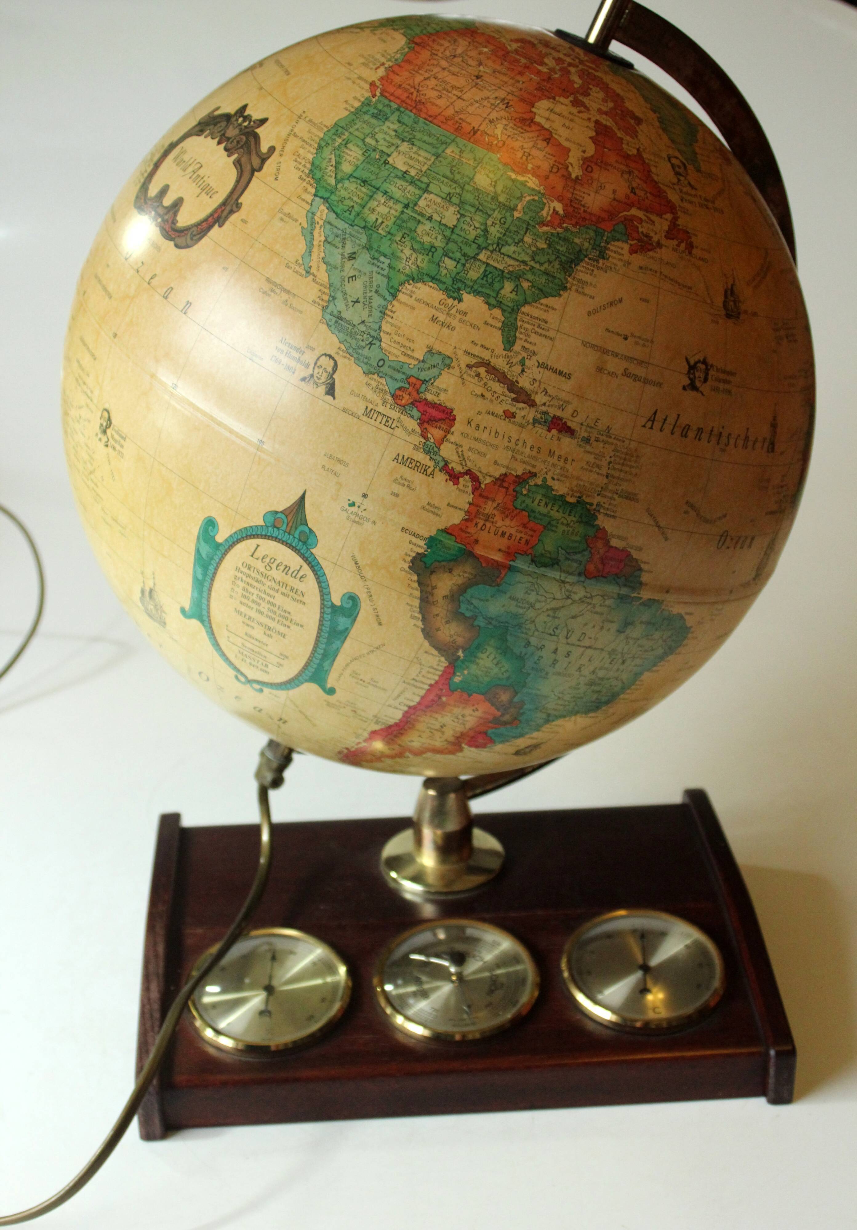 1980s danish illuminated globe (Scan-Globe) on a wooden foot with weather station