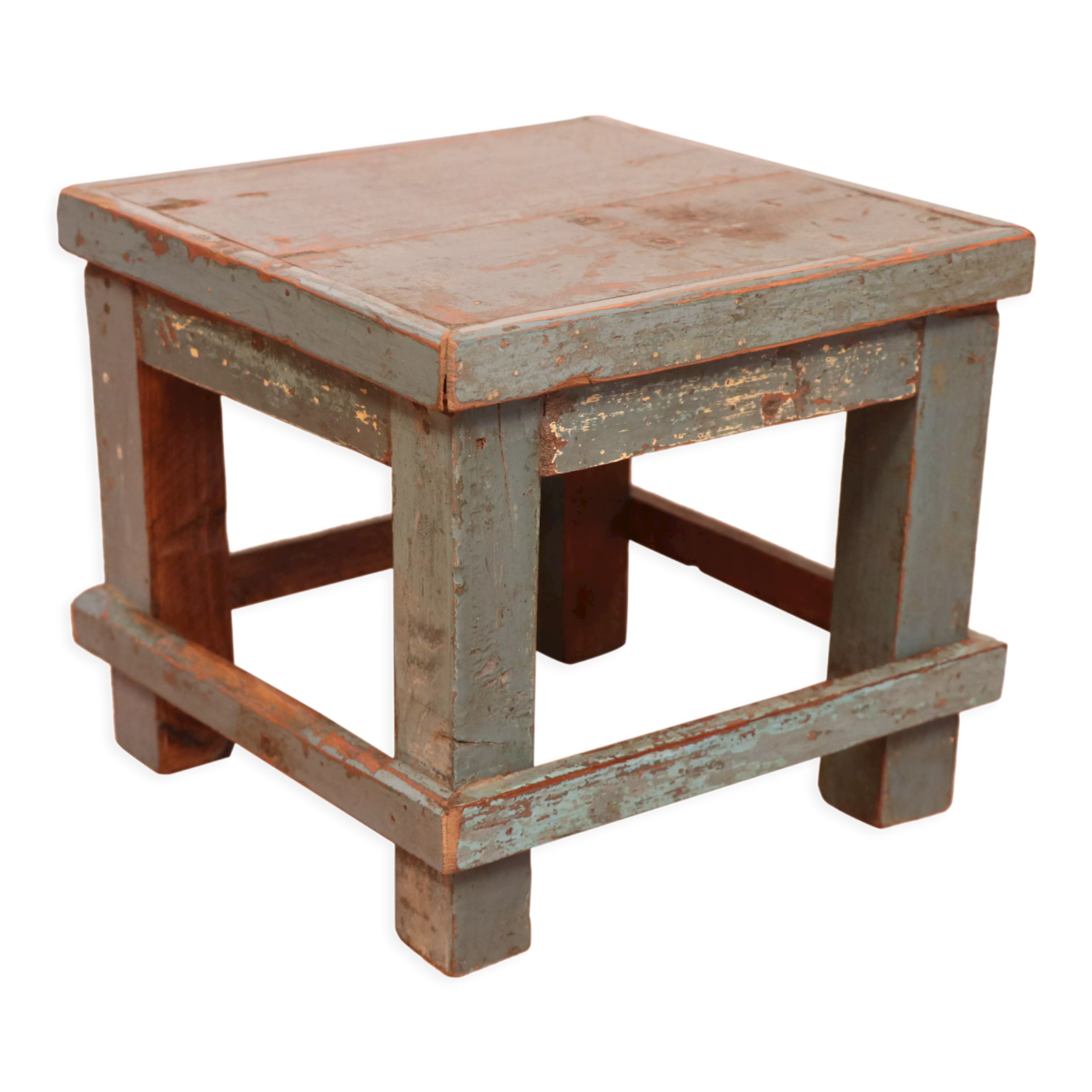 Old small workshop bedside table in Burmese teak original blue patina / ideal in fifth wheel p