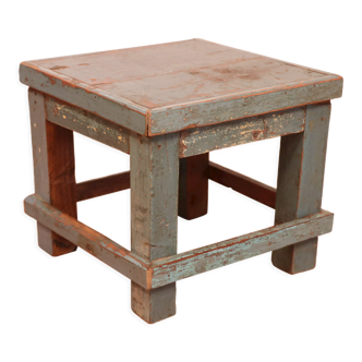 Old small workshop bedside table in Burmese teak original blue patina / ideal in fifth wheel p
