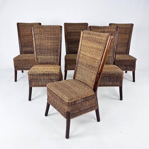 Lot de 6 chaises de salle à manger en corde et bois, France, années 1970