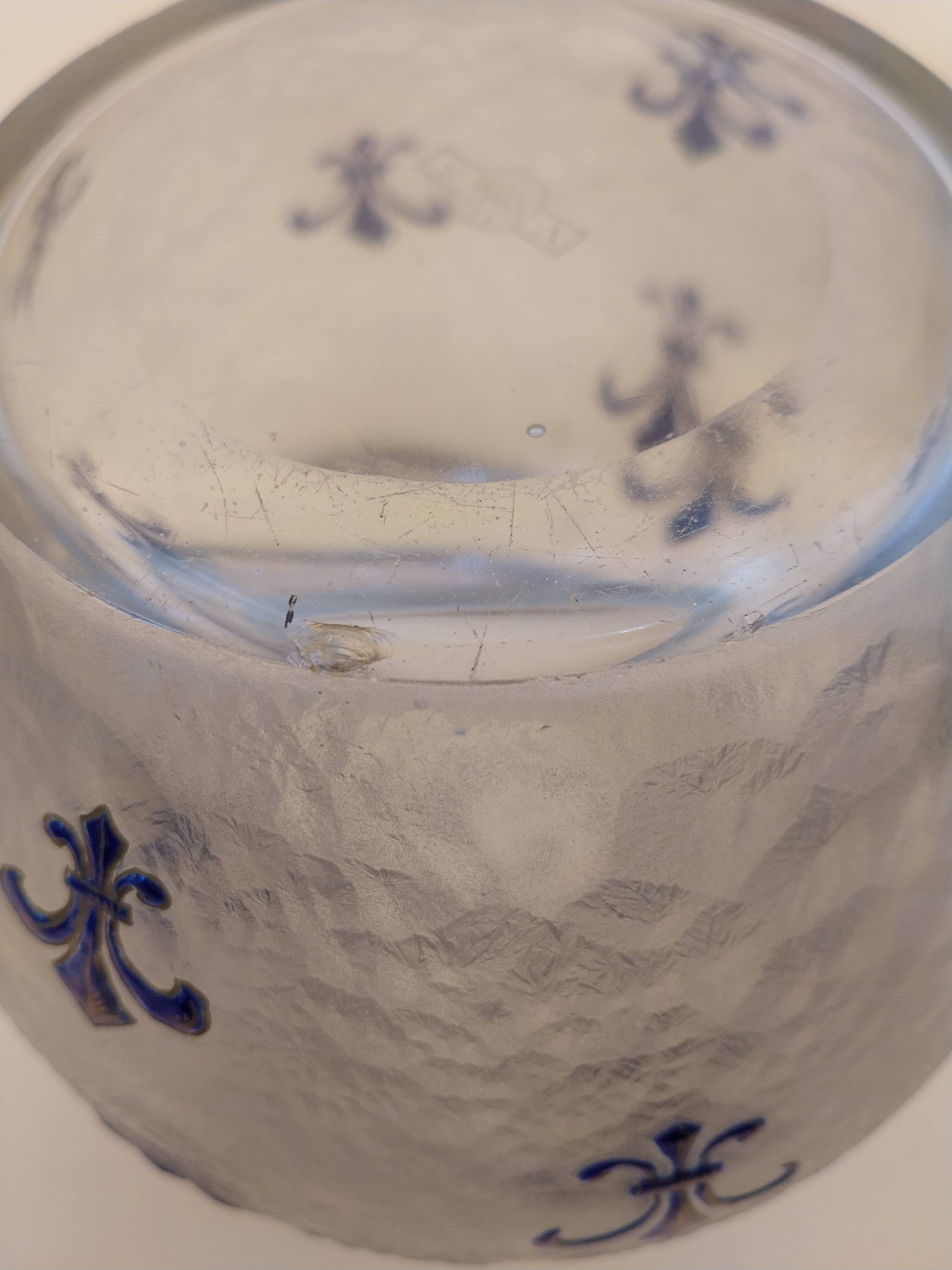 Crystal biscuit jar decorated with blue enamel and gilding.