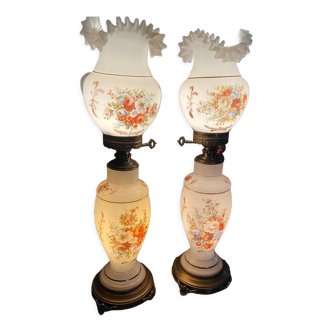 Pair of white opaline lamps with floral decoration