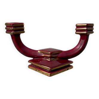 Bougeoir Art Déco en céramique bordeaux et dorée