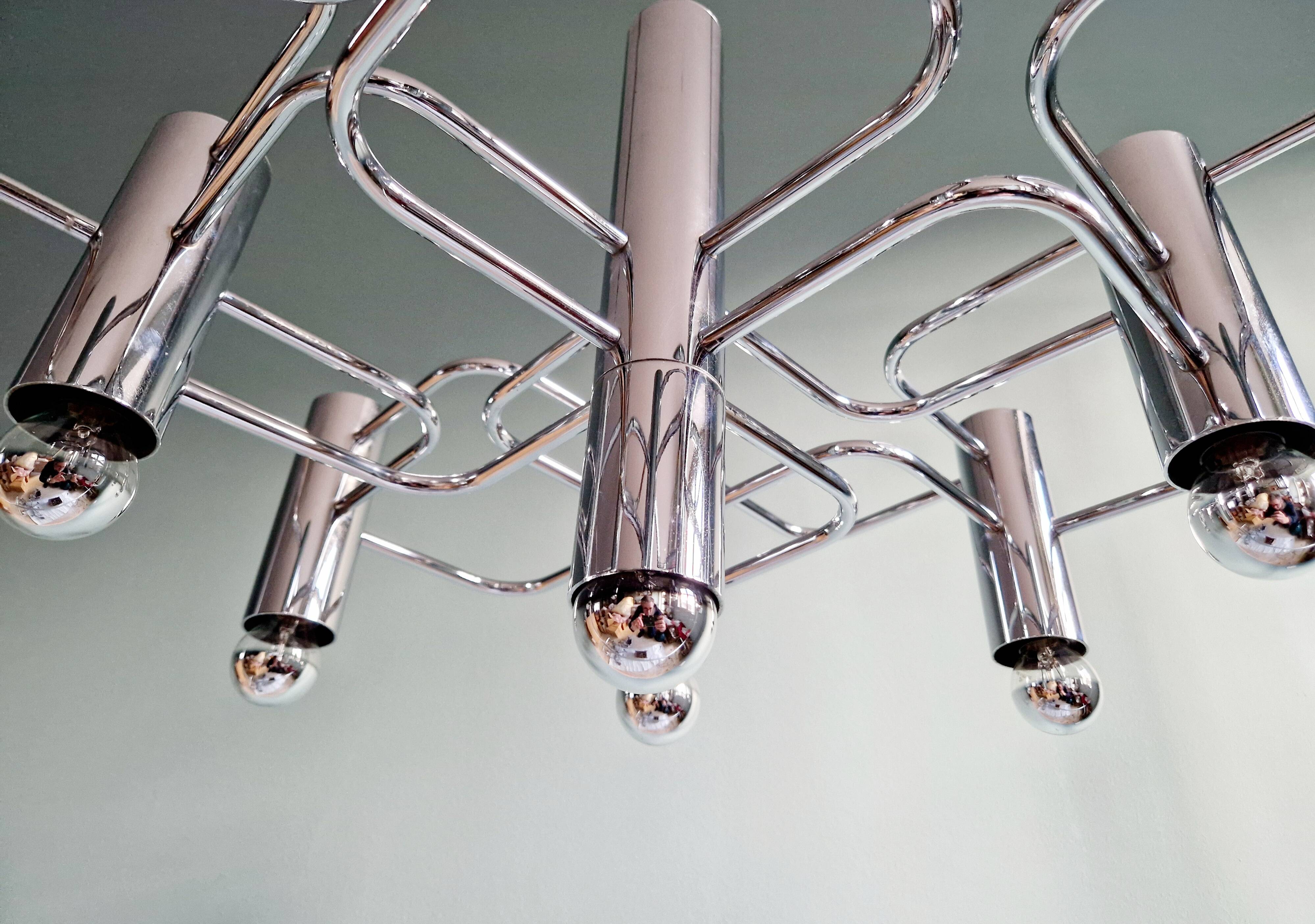 Chromed metal chandelier, design Gaetano Sciolari, 70s