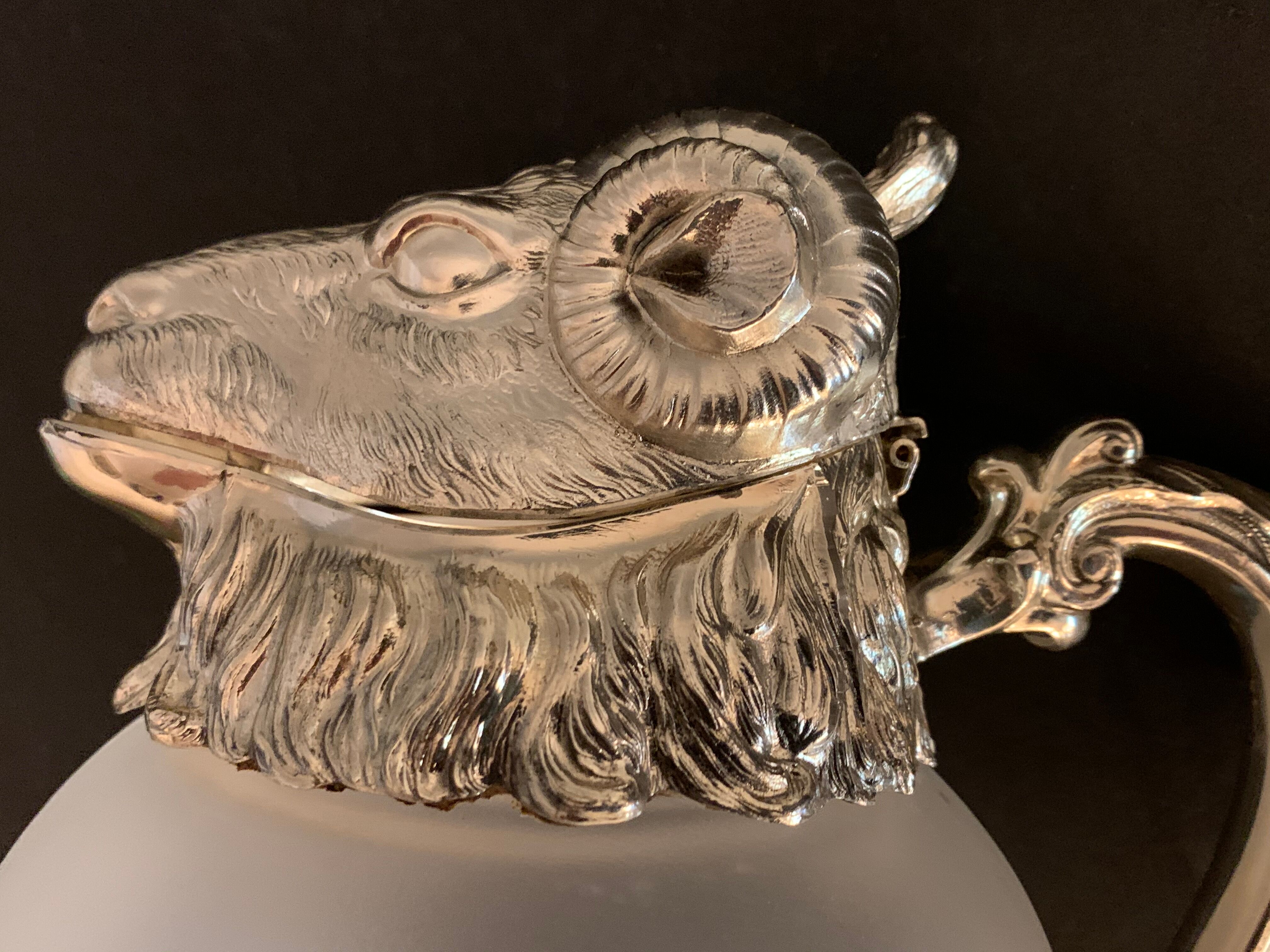 Decanting carafe or frosted glass water broc with silver metal ram head 1970