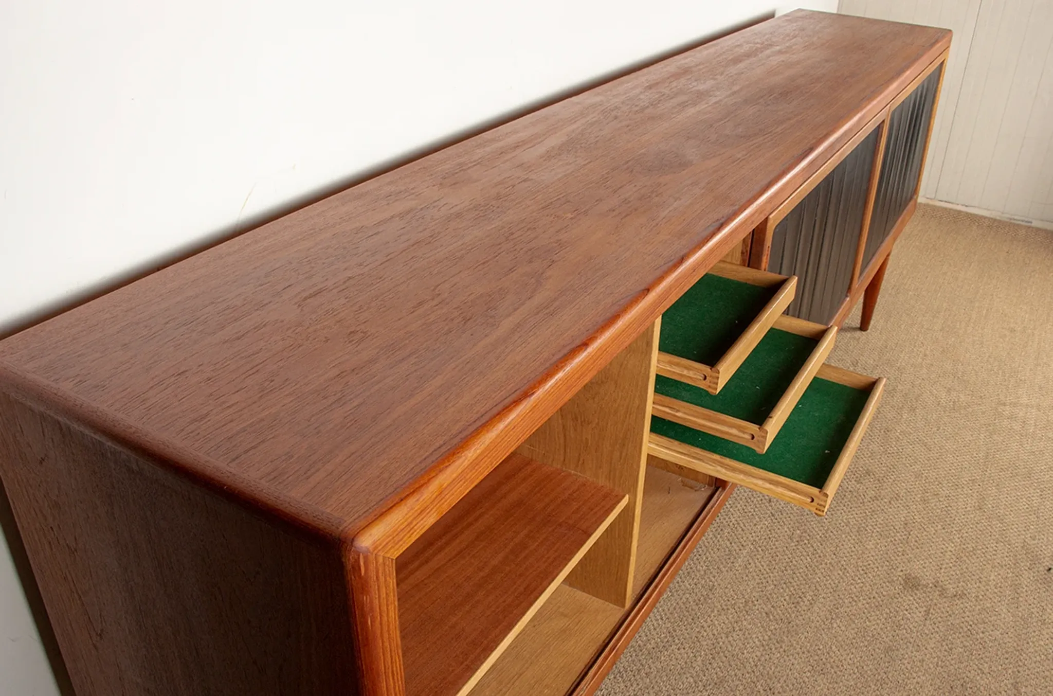 XL Danish sideboard in teak, oak and leatherette, 280 cm, by Nana Ditzel 1960.
