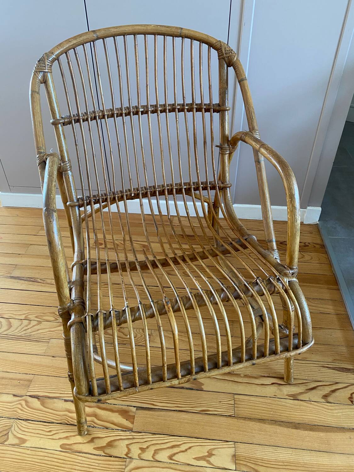 Rare pair of vintage rattan and wicker armchairs from the 1950s
