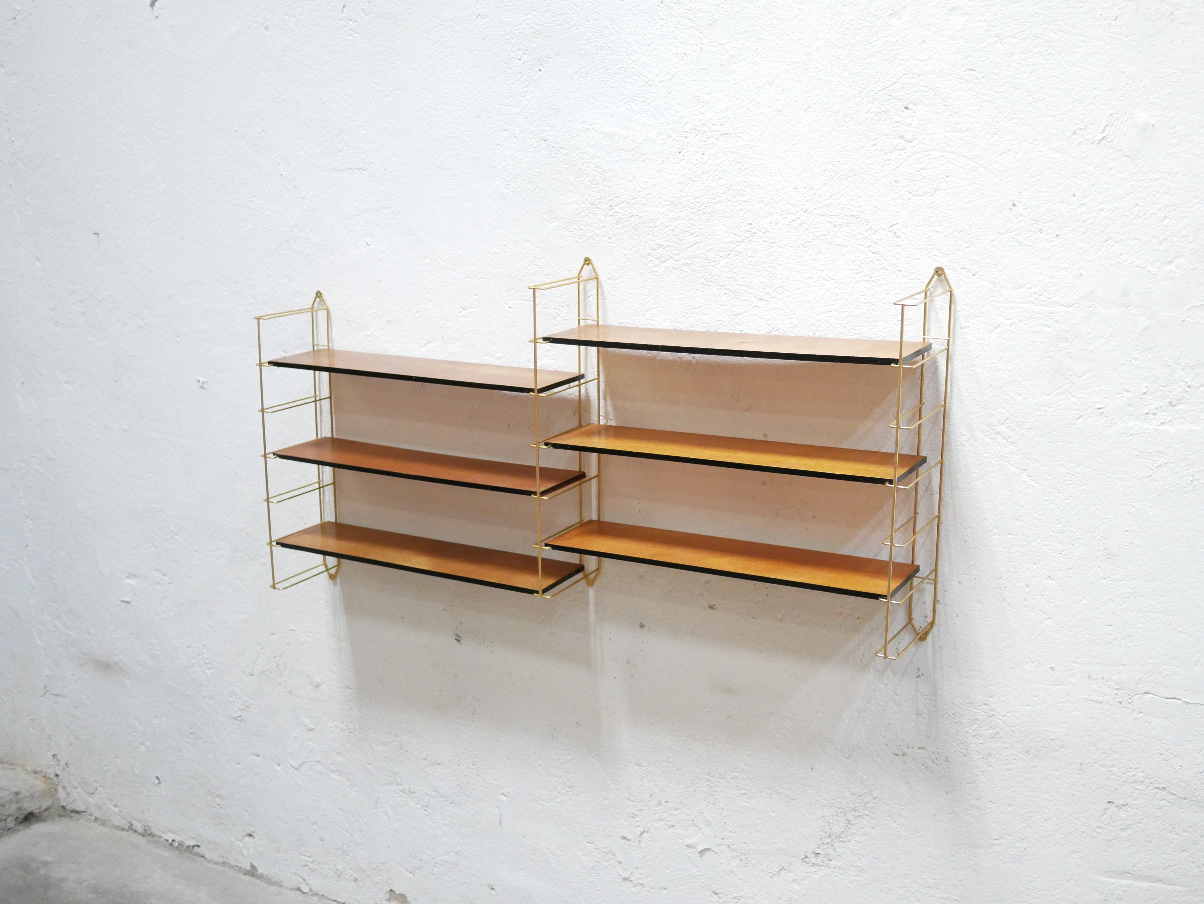 Vintage modular wall shelf in brass and wood