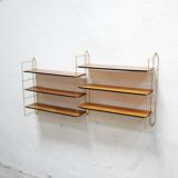 Vintage modular wall shelf in brass and wood