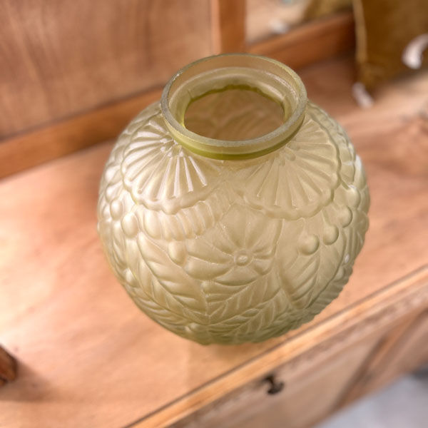 Large Art Deco ball vase in frosted glass ocher yellow