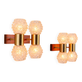 Pair of Swedish wall lamps with teak wood, brass and glass cup shade