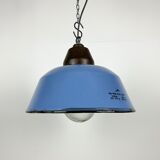 Industrial Blue Enamel and Cast Iron Pendant Light with Glass Cover, 1960s