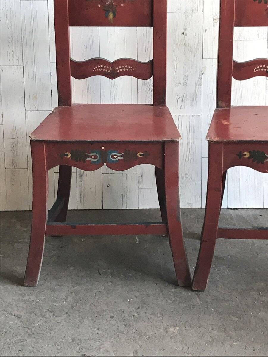 Lot de 4 chaises anciennes en bois peint marron pour salle à manger, décor floral peint main