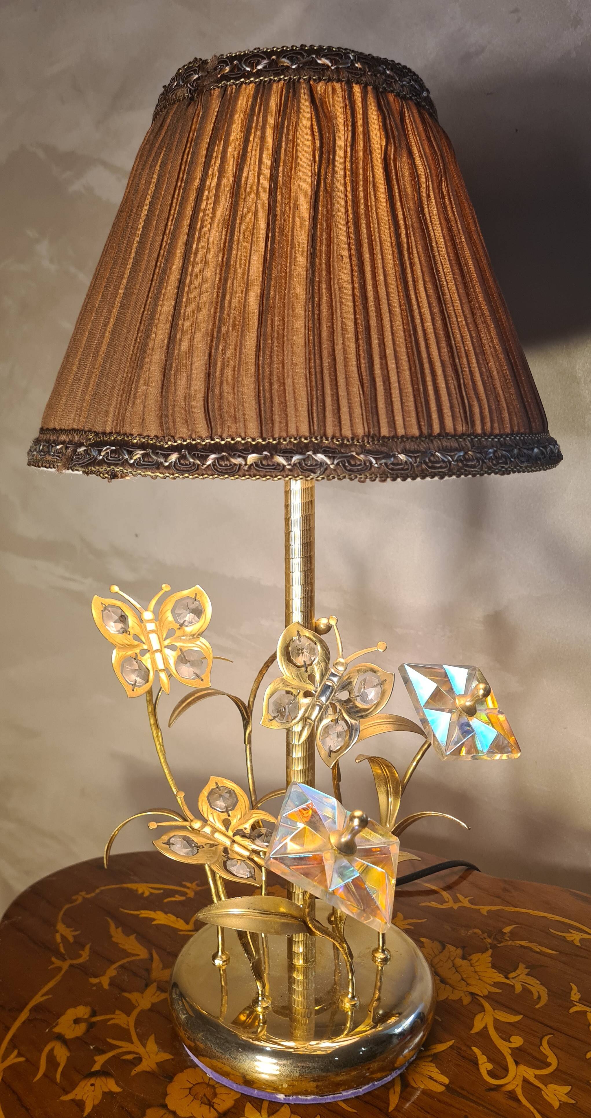 chrome or brass glass lamp, flower and butterfly 1975 to 80s pleated shade