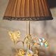 chrome or brass glass lamp, flower and butterfly 1975 to 80s pleated shade