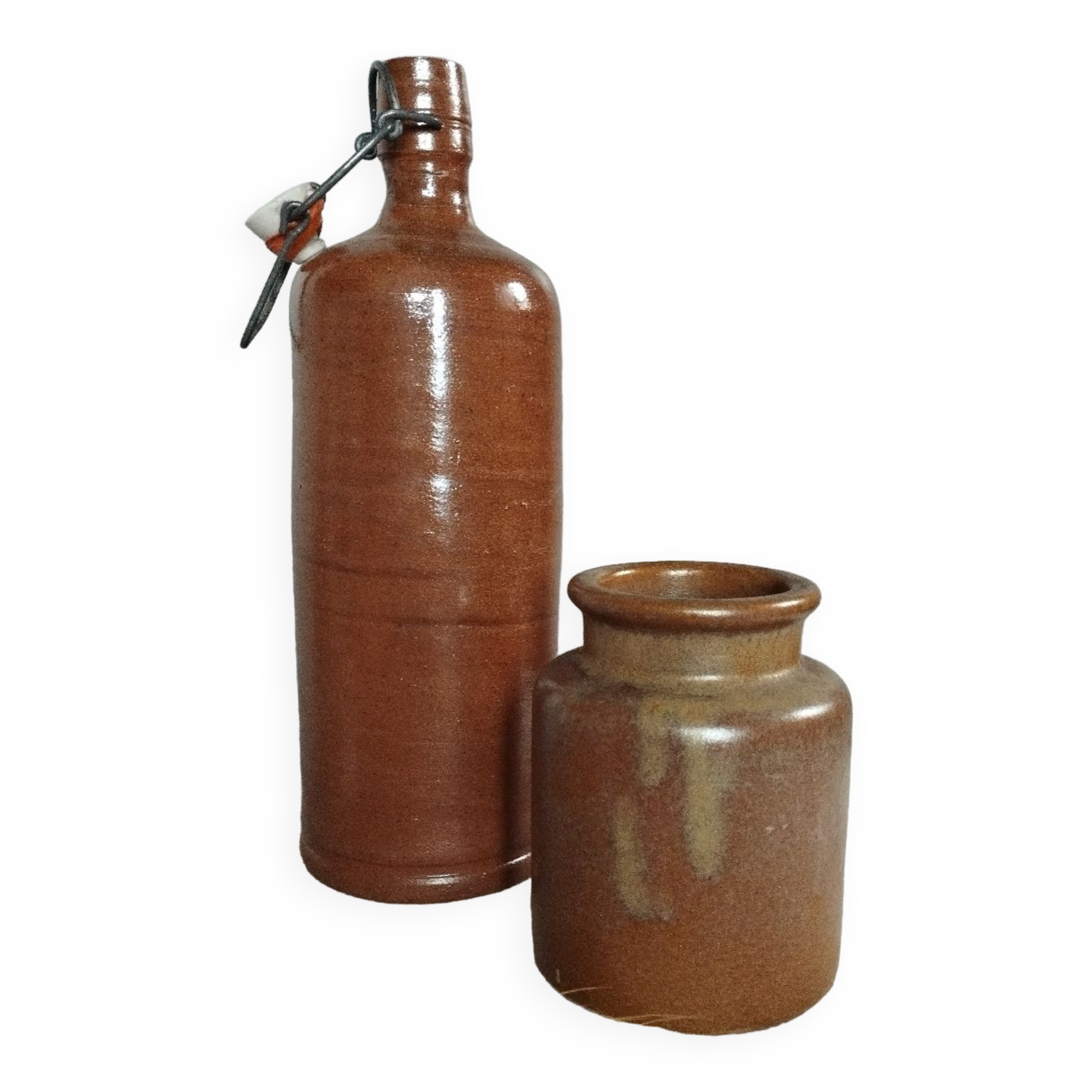 Stoneware pottery duo, bottle + pot, 1950's