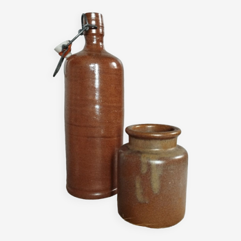Duo de poterie grès, bouteille + pot, 1950's