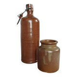 Stoneware pottery duo, bottle + pot, 1950's